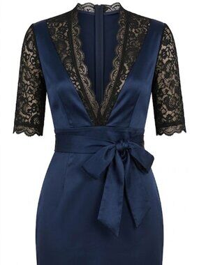 Mooyius Elegant Lace-Trim V-Neck Belted Midi Dress M